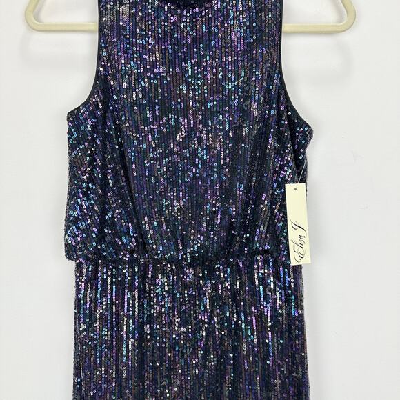 Eliza J Sequined Feather Hem Mini Dress Party Glam Mockneck Sleeveless US 6 NWT - Picture 9 of 13
